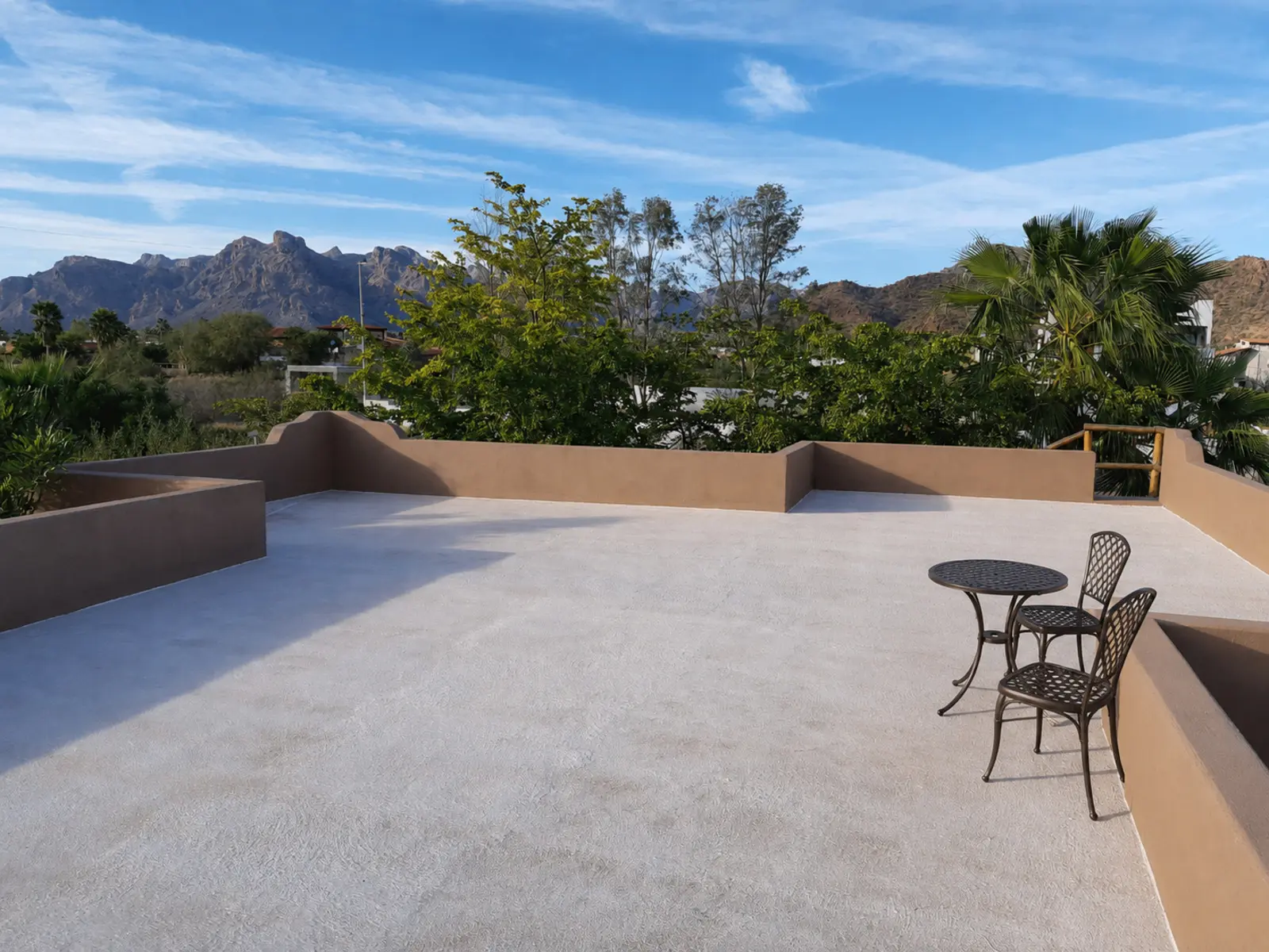Rooftop terrace with a view toward the Sierra mountains